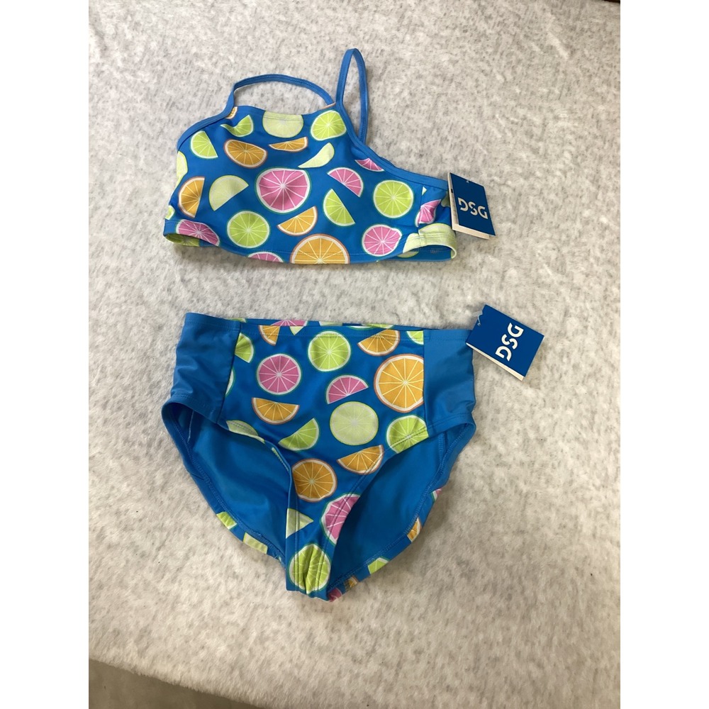 DSG Girls Main Squeeze Citrus Print Halter Bikini Set Blue Size L NWT